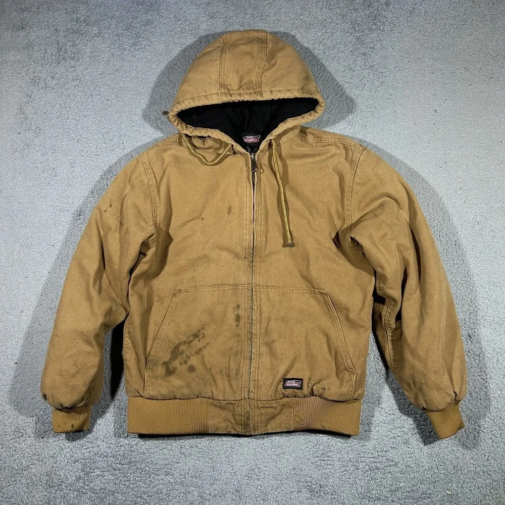 Dickies Jacket Mens Medium Brown Duck Canvas Hooded Full Zip Insulated Workwear